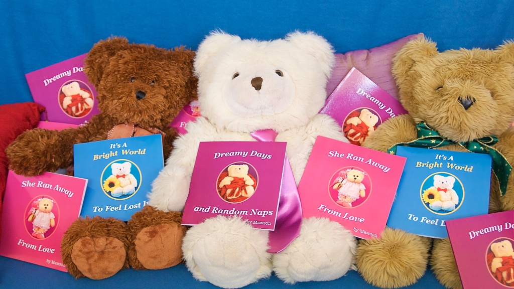 Relax with Mawson's books: Its A Bright World To Feel Lost In , She Ran Away From Love, and Dreamy Days and Random Naps. 